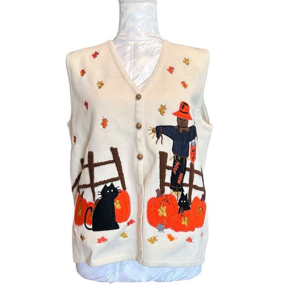Vintage Sweaters - Vintage White Orange Halloween Sweater Vest Womens Sz Large Pumpkin Black Cat